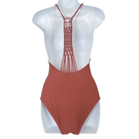 Aerie Dark Orange Rusty Brown Crochet Back One Piece Swim Suit Sz S - Picture 12 of 12